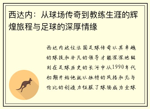 西达内：从球场传奇到教练生涯的辉煌旅程与足球的深厚情缘
